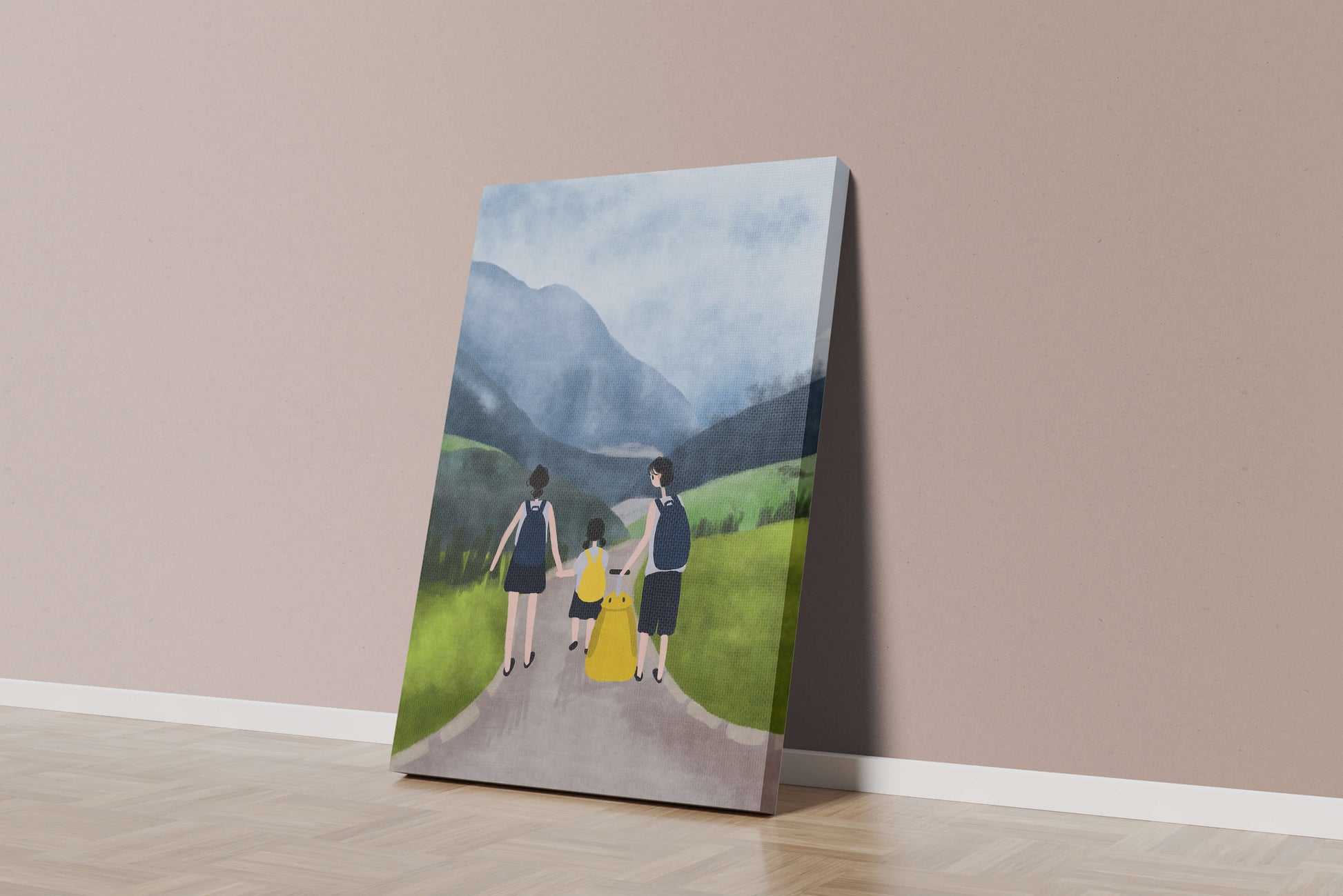 Family hiking in scenic mountain landscape with backpacks