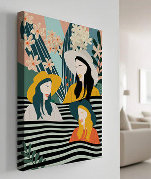 Illustration abstraite colorée de trois femmes avec des éléments floraux et botaniques