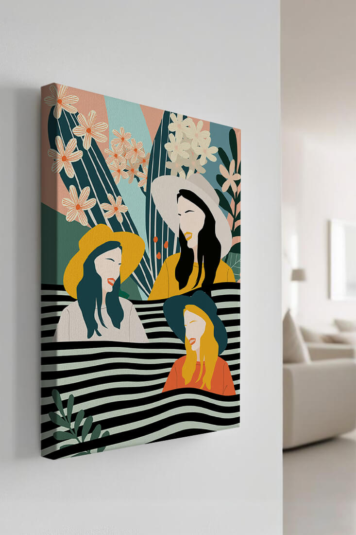 Illustration abstraite colorée de trois femmes avec des éléments floraux et botaniques