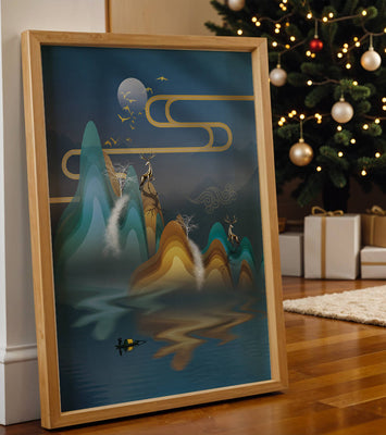 Abstract landscape with golden deer and layered mountains in serene night scene
