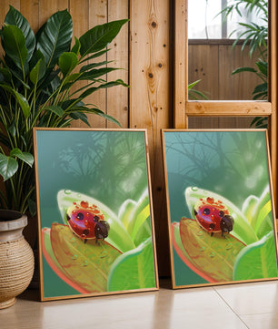 Ladybug on Leaf with Dew Drops in Serene Nature Setting - Mi tienda