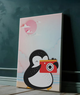 Whimsical penguin illustration with a camera on a pastel beach