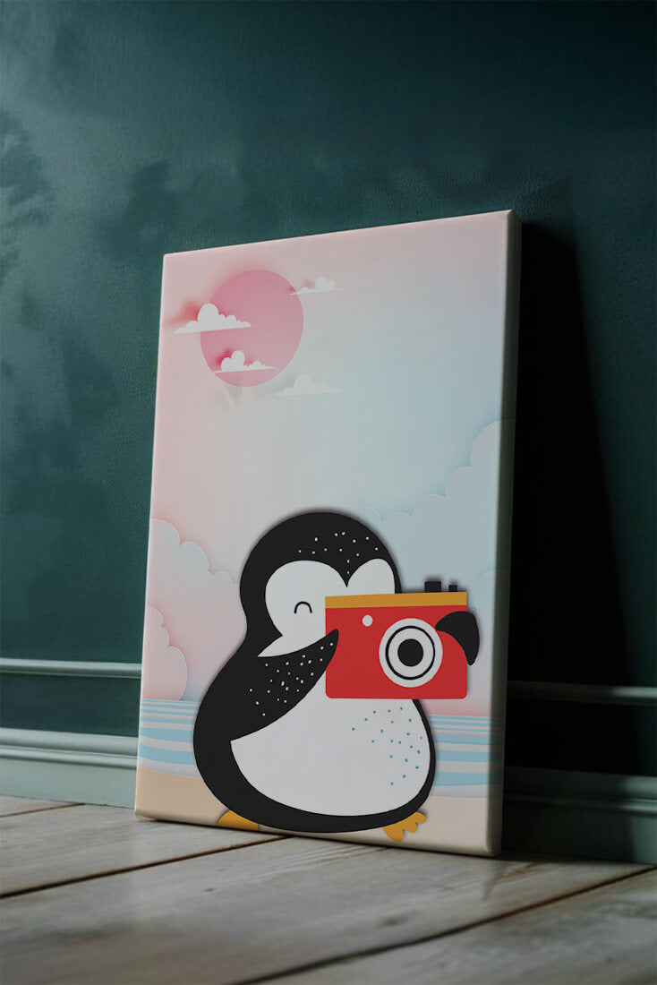 Whimsical penguin illustration with a camera on a pastel beach