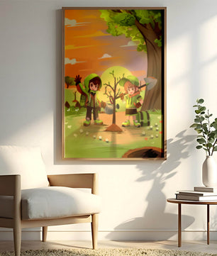 Kinder pflanzen einen Baum in einer lebendigen Sonnenuntergangslandschaft