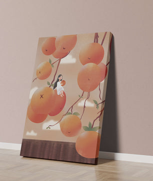 Whimsical illustration of girl with giant oranges and branches
