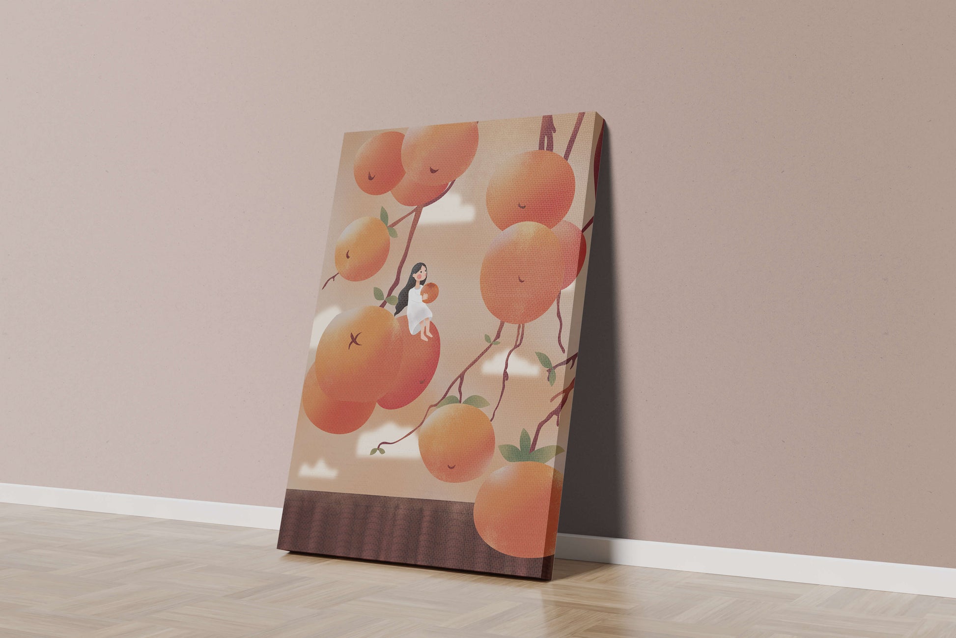 Whimsical illustration of girl with giant oranges and branches