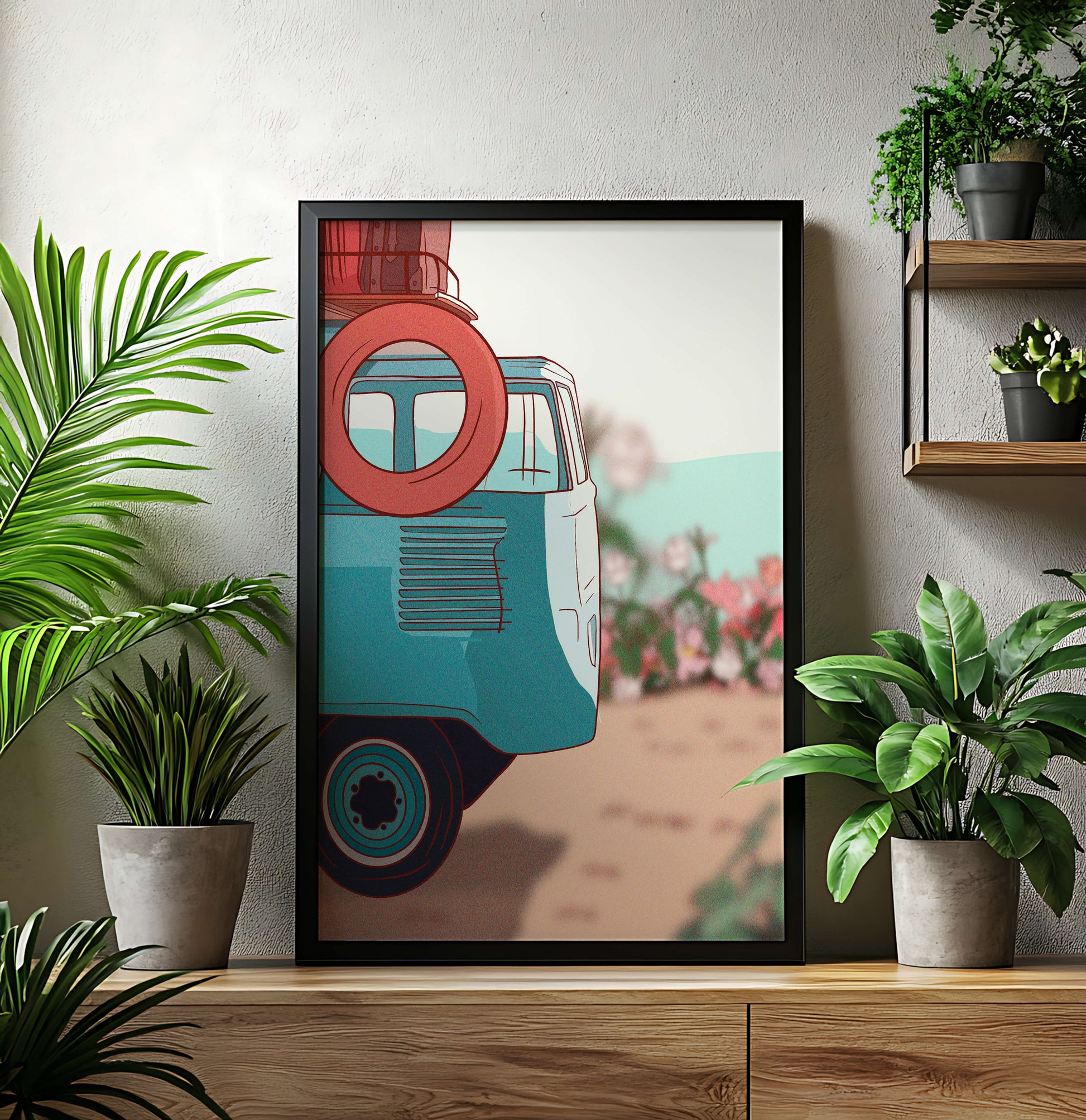 Viaje por carretera de verano en una furgoneta azul vintage