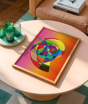 Vibrant abstract geometric shape with multicolored spiral on gradient background