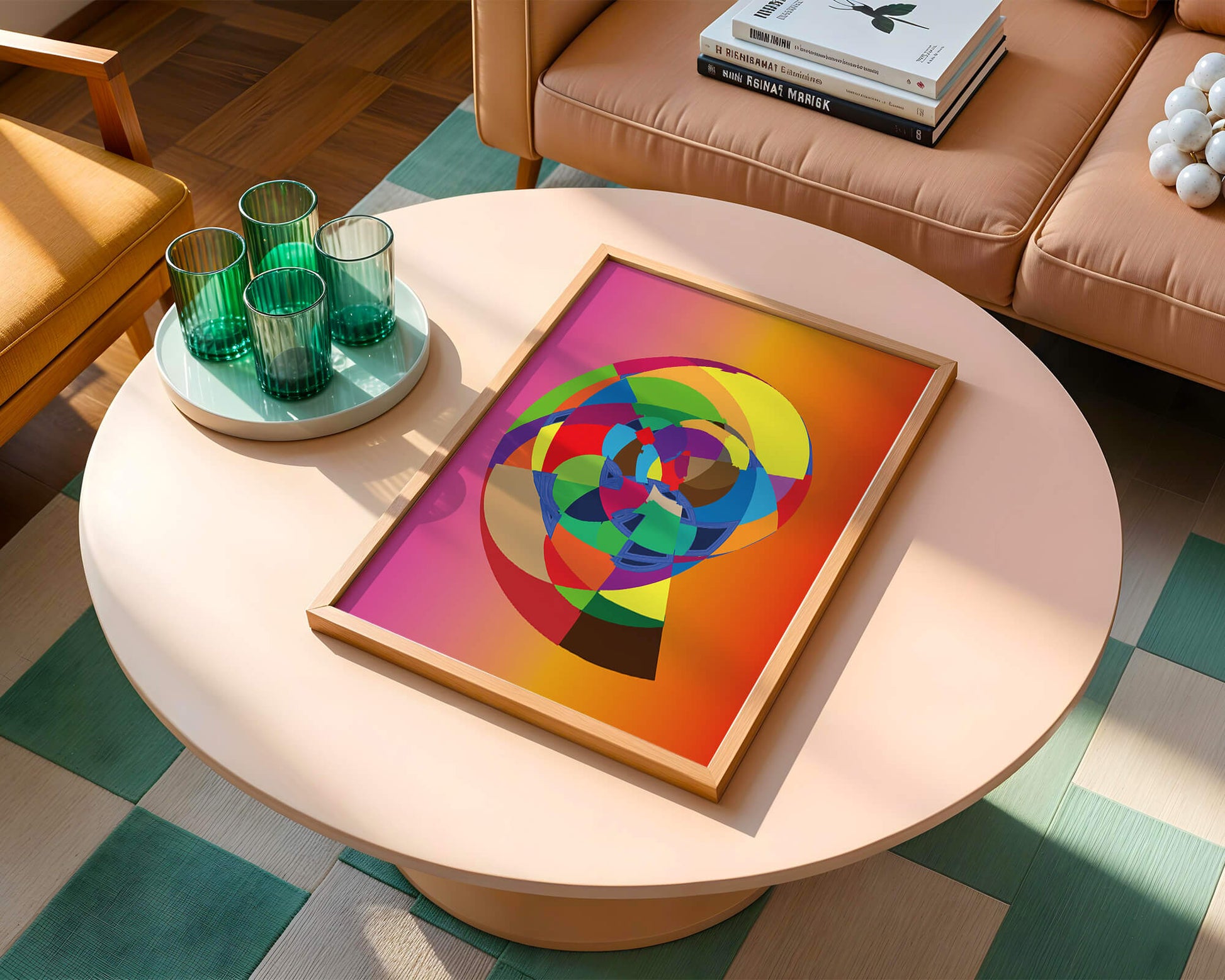 Vibrant abstract geometric shape with multicolored spiral on gradient background