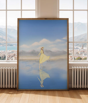 Woman in yellow dress standing on reflective water against clear sky