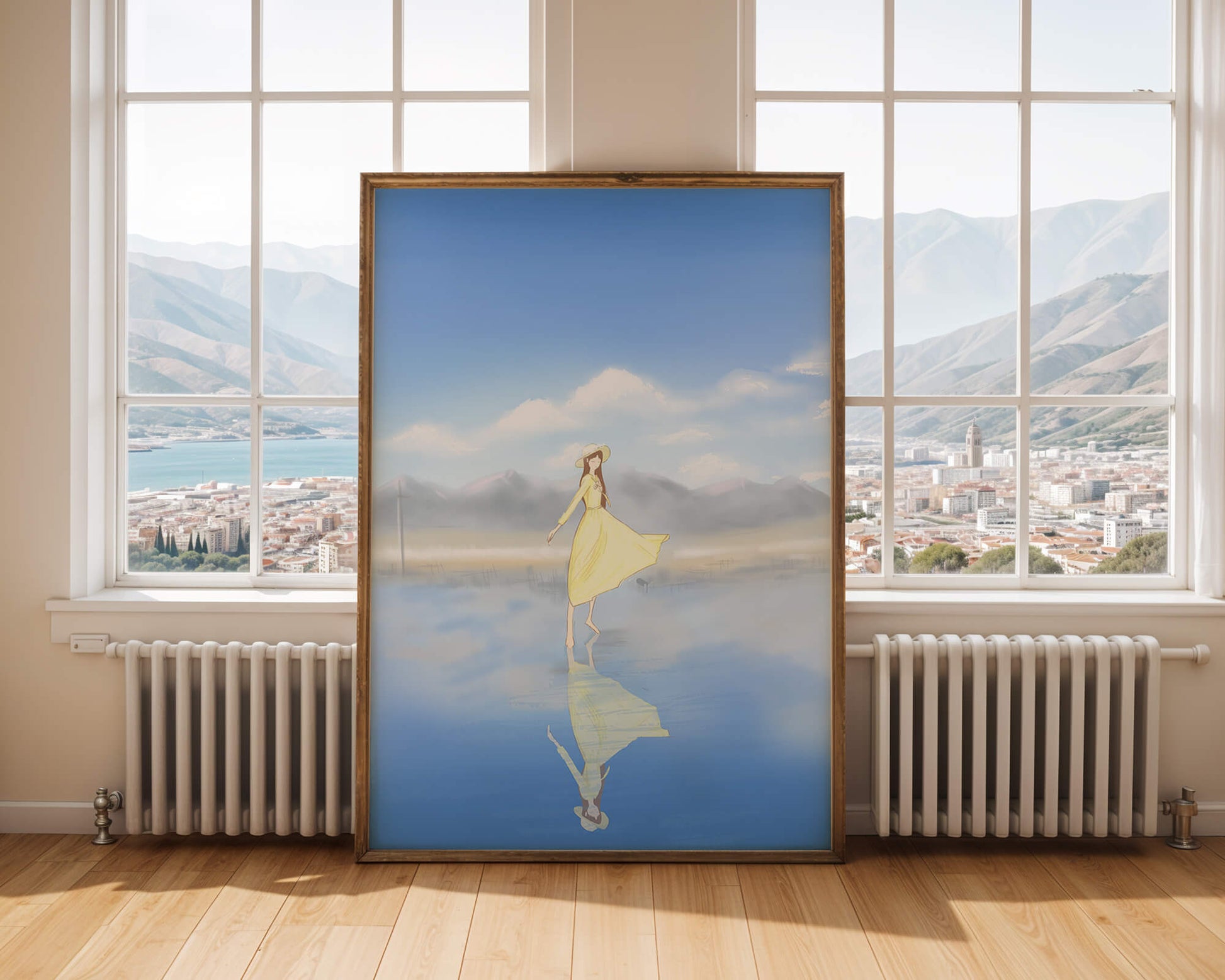 Woman in yellow dress standing on reflective water against clear sky