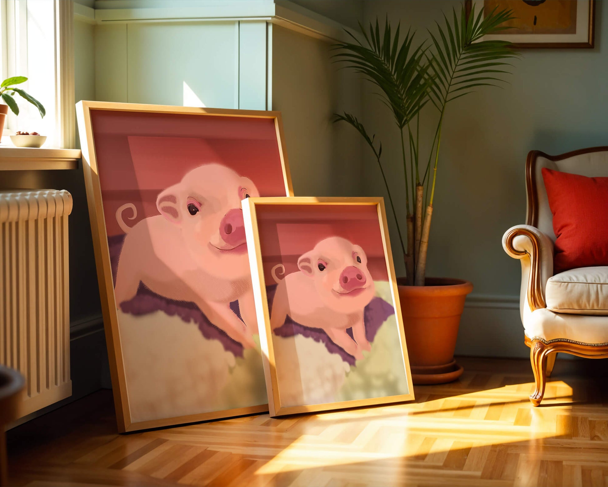 Una encantadora ilustración de un lindo cerdito con un fondo cálido.