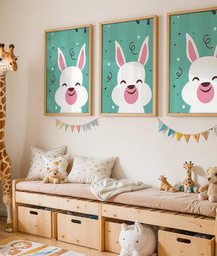 Adorable cartoon bunny on teal background with playful elements
