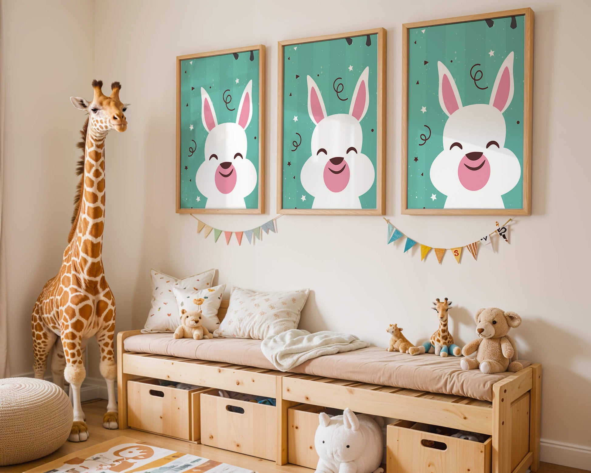 Adorable cartoon bunny on teal background with playful elements