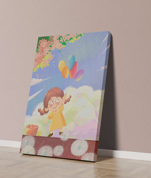 Whimsical illustration of a girl with balloons under vibrant pink blossoms