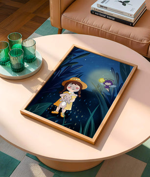 Ilustración de una chica en un bosque con una luciérnaga mágica por la noche