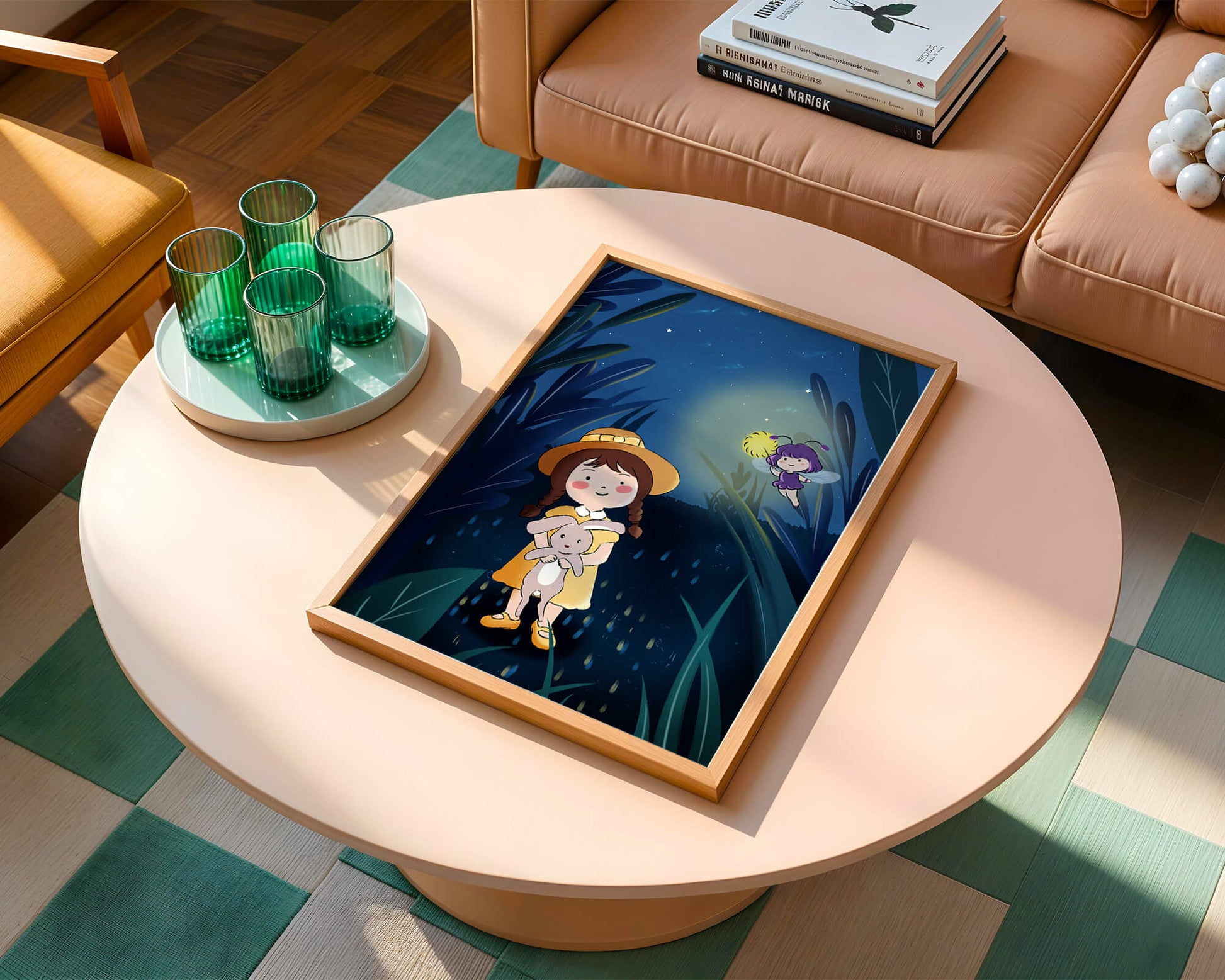 Ilustración de una chica en un bosque con una luciérnaga mágica por la noche