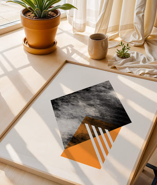 Abstract Geometric Composition with Orange Triangle and Cloudy Pattern - Mi tienda