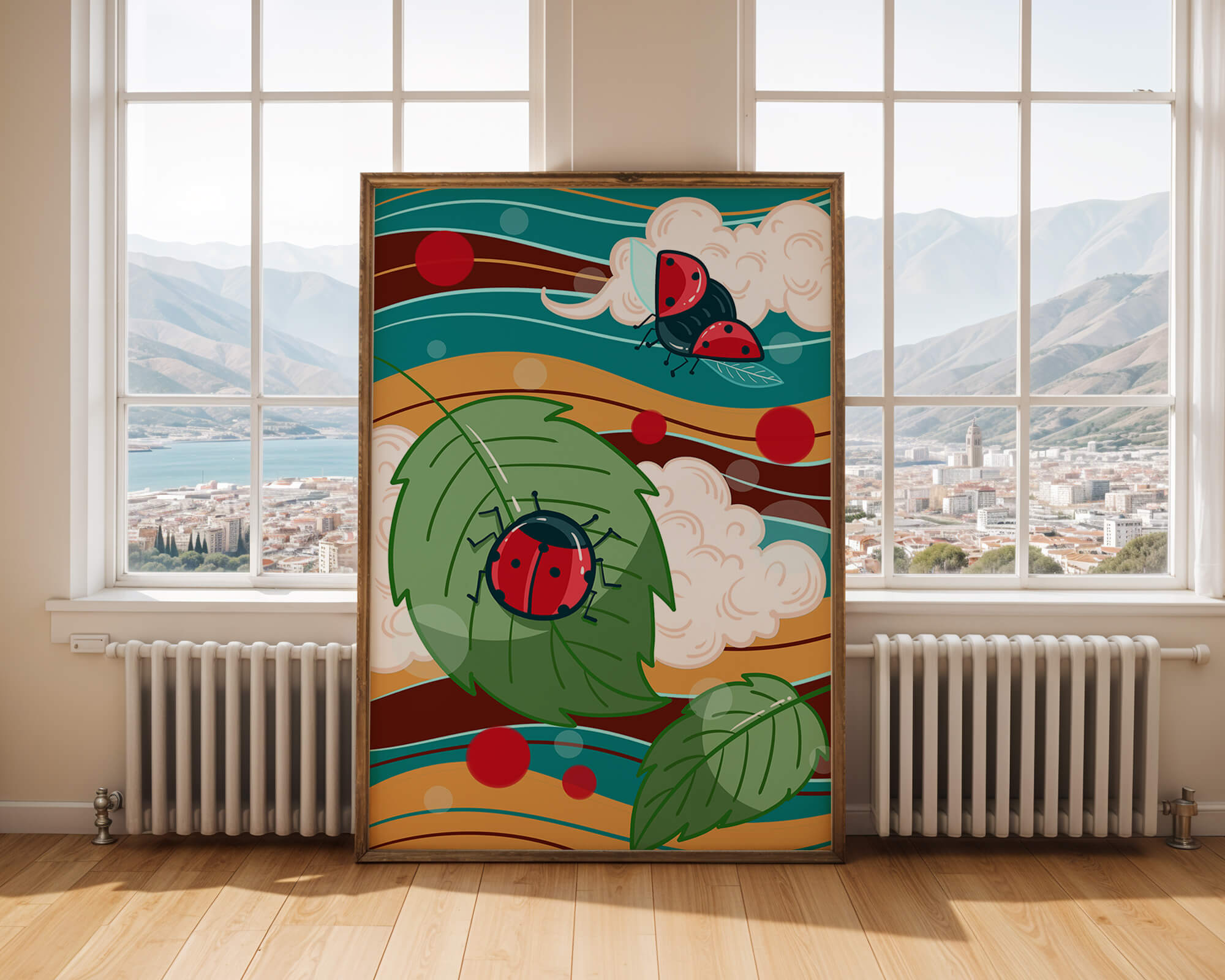 Colorful illustration of ladybugs in a whimsical natural setting