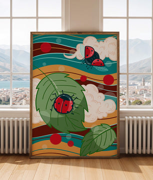 Ilustración colorida de mariquitas en un entorno natural caprichoso