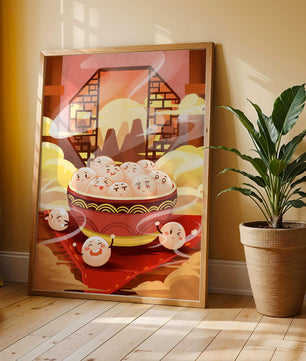 Dumplings de dibujos animados encantadores en un cuenco decorativo en medio de la niebla