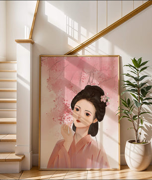Femme japonaise traditionnelle avec des fleurs de cerisier roses en arrière-plan
