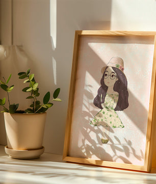 Ilustración encantadora de una niña con vestido y sombrero floral