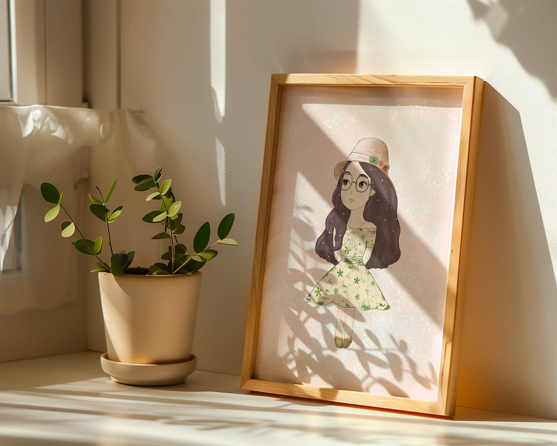 Charming illustration of a girl in a floral dress and hat