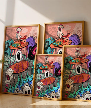 Ilustración abstracta surrealista colorida con un ojo vívido y elementos surrealistas