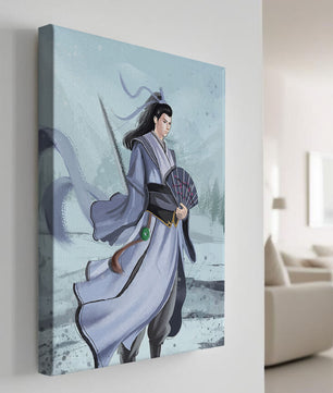 Guerrier élégant en tenue traditionnelle avec robes flottantes et éventail