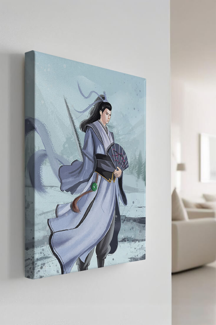 Elegant warrior in traditional attire with flowing robes and fan