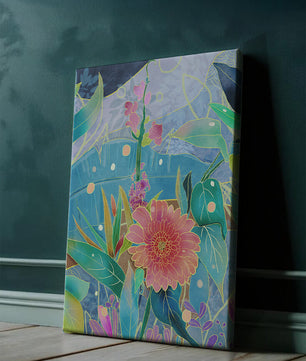 Kunst abstrak bunga yang berwarna-warni dengan bunga dan daun yang cerah