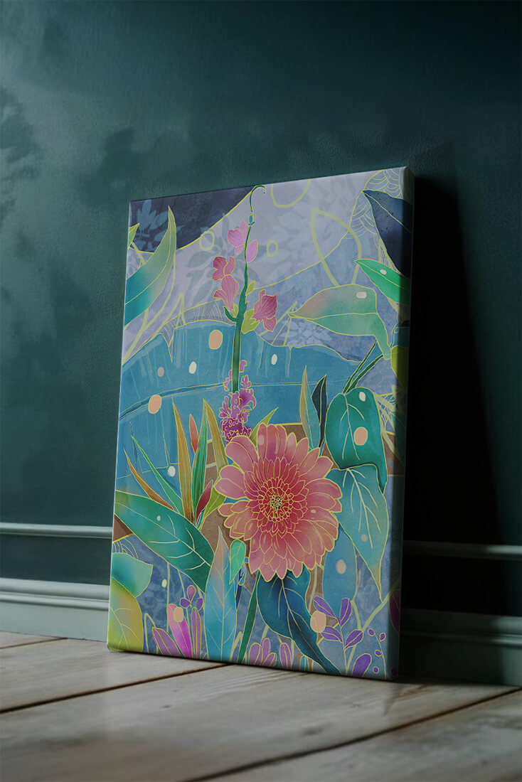 Kunst abstrak bunga yang berwarna-warni dengan bunga dan daun yang cerah