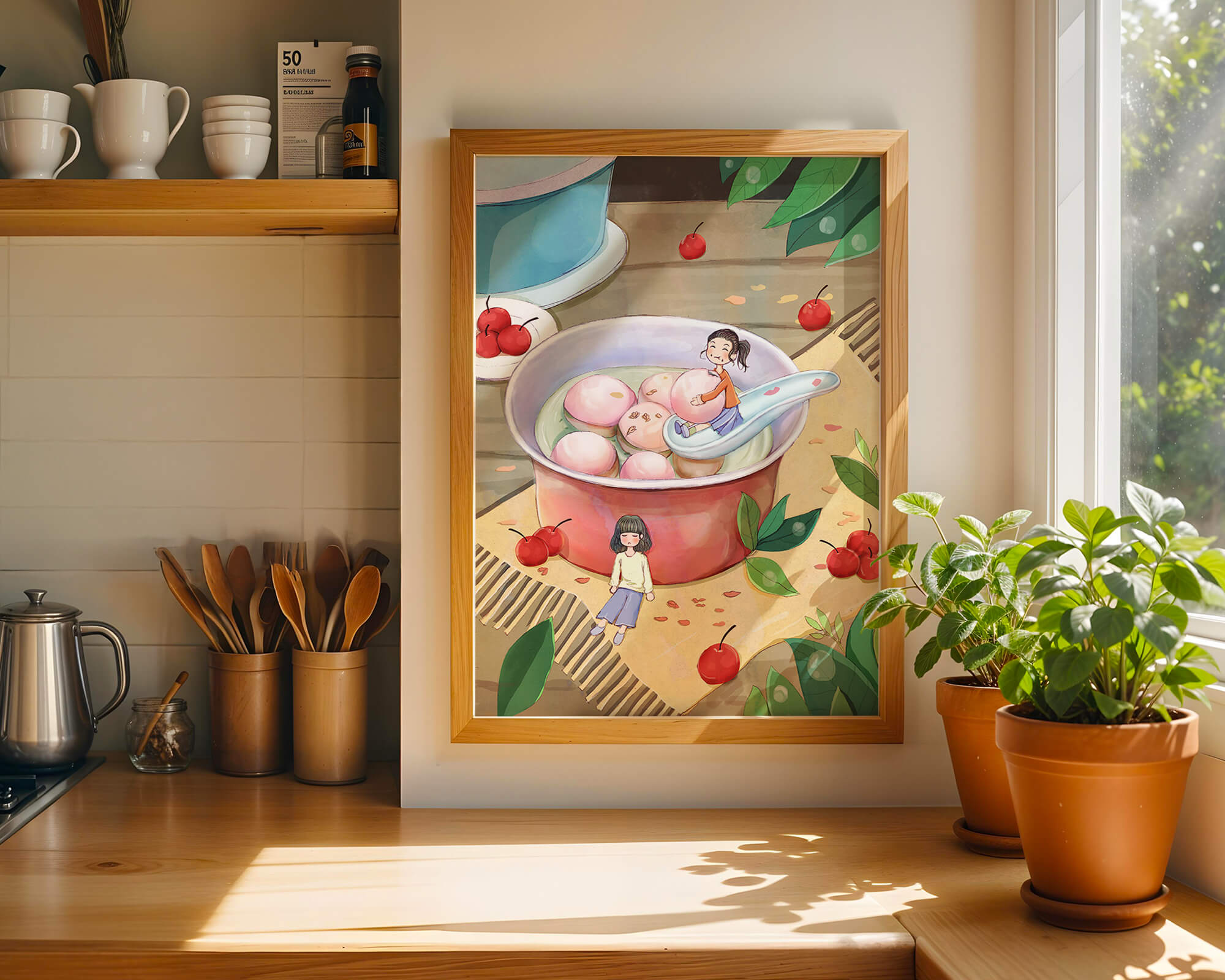 Charming illustration of children with dessert in a whimsical setting
