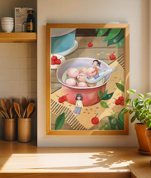 Charming illustration of children with dessert in a whimsical setting