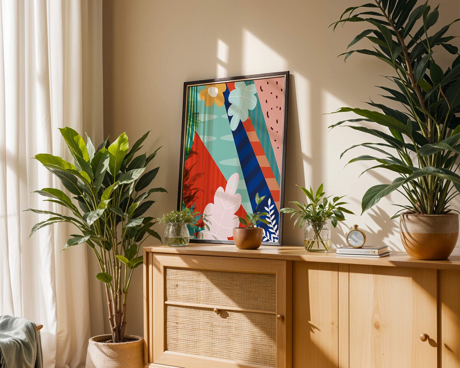 Abstract floral geometric design with vibrant colors and bold patterns