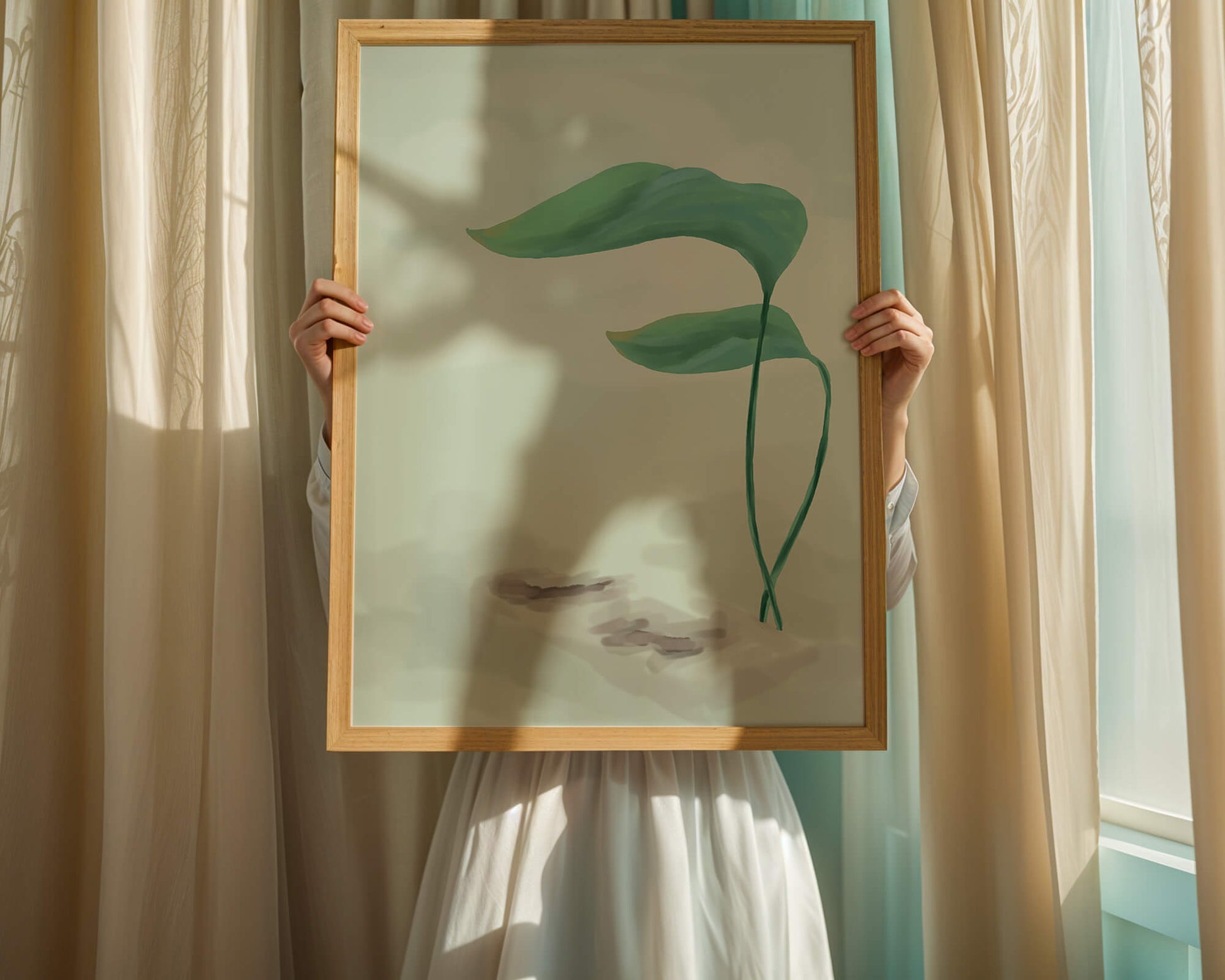 Minimalistic Art of Green Leaves on Abstract Background