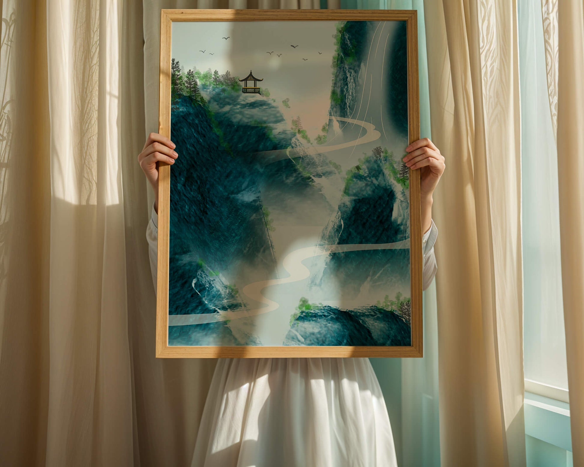Serene mountain landscape with a pavilion and waterfall