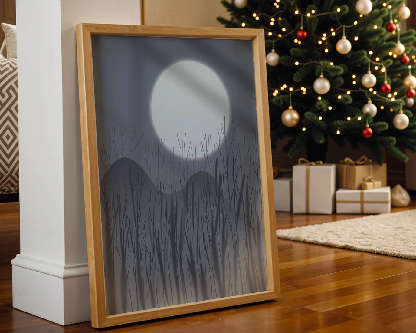 Ruhige Nachtlandschaft mit Vollmond und kahlen Bäumen