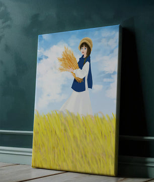 Young girl in a wheat field on a sunny day illustration