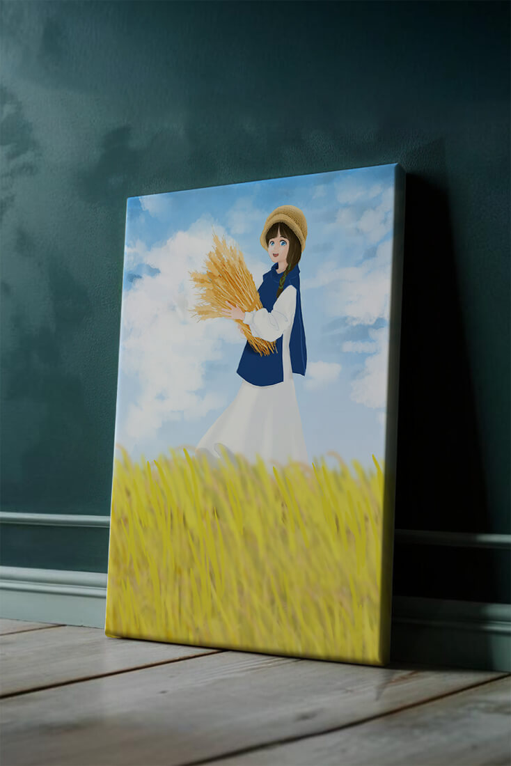 Young girl in a wheat field on a sunny day illustration