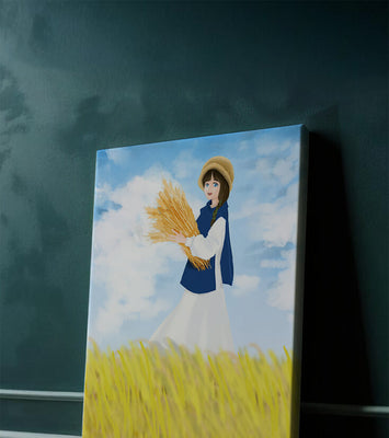 Young girl in a wheat field on a sunny day illustration