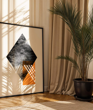 Abstract Geometric Composition with Orange Triangle and Cloudy Pattern - Mi tienda