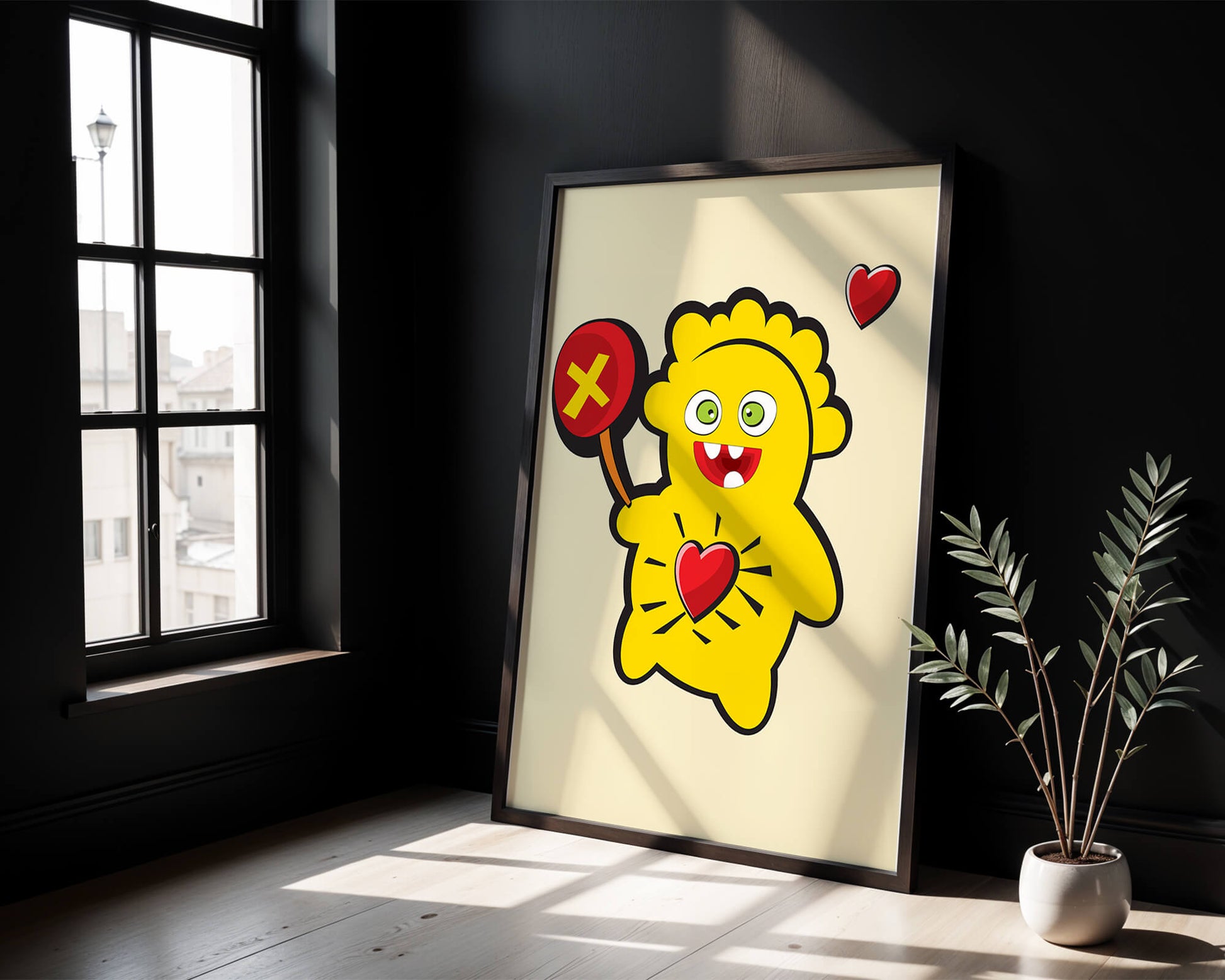 Colorful cartoon character with heart and playful design