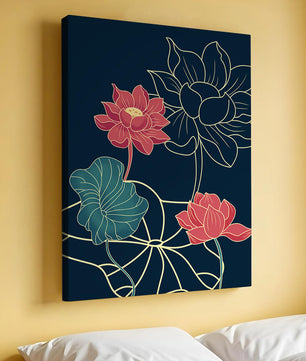 Vibrant Lotus Flowers on Dark Background with Gold Outline