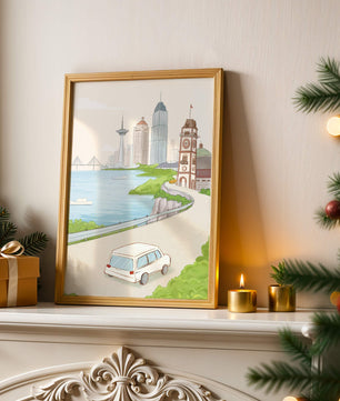 Scenic coastal cityscape with modern buildings and a classic clock tower