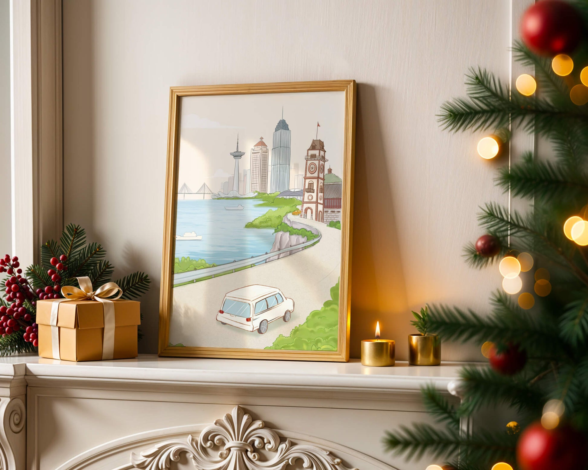 Scenic coastal cityscape with modern buildings and a classic clock tower