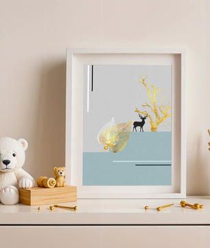 Abstract Deer with Golden Elements and Leaves on Minimalist Background