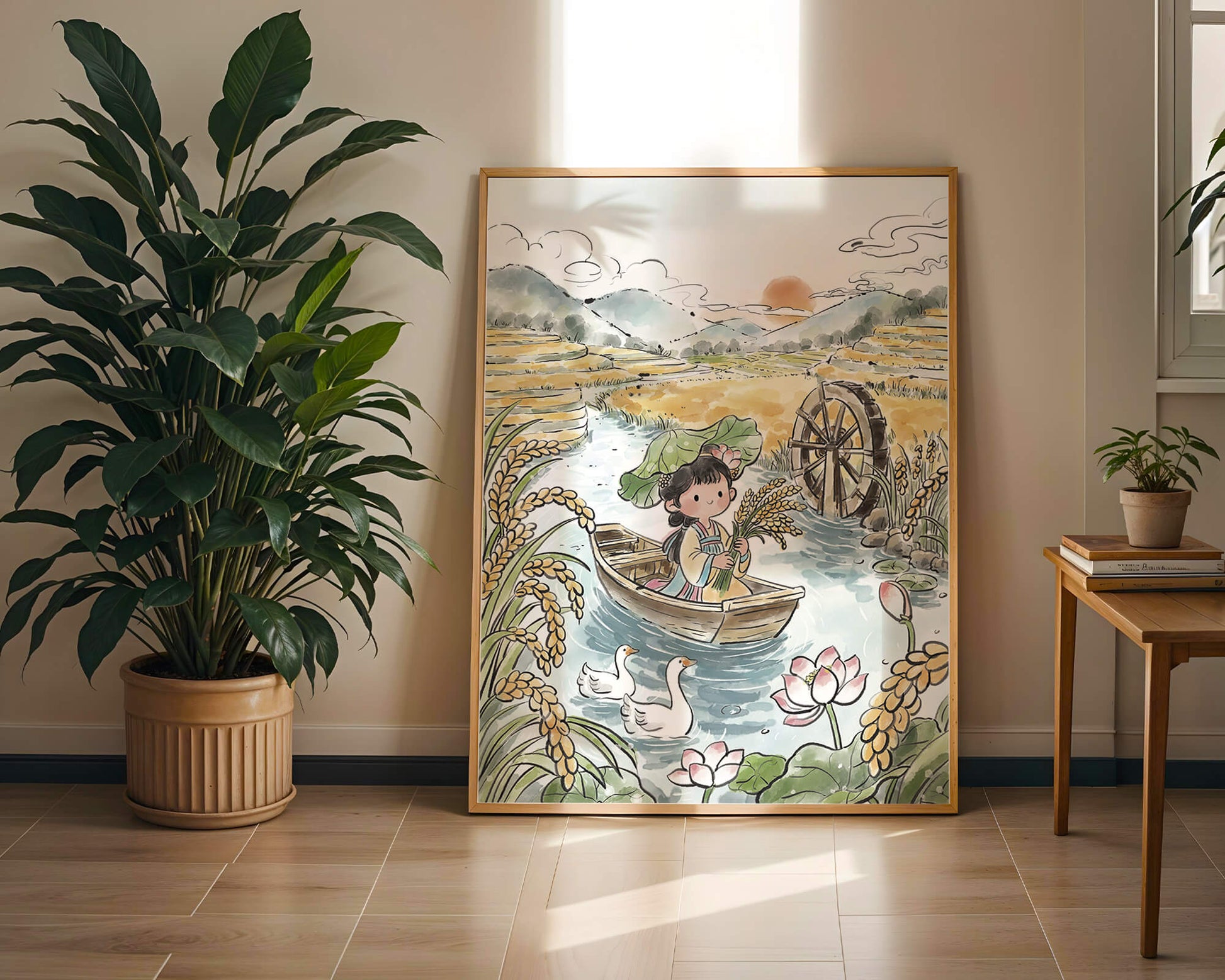 Niña en un bote con campos de arroz y atardecer de fondo