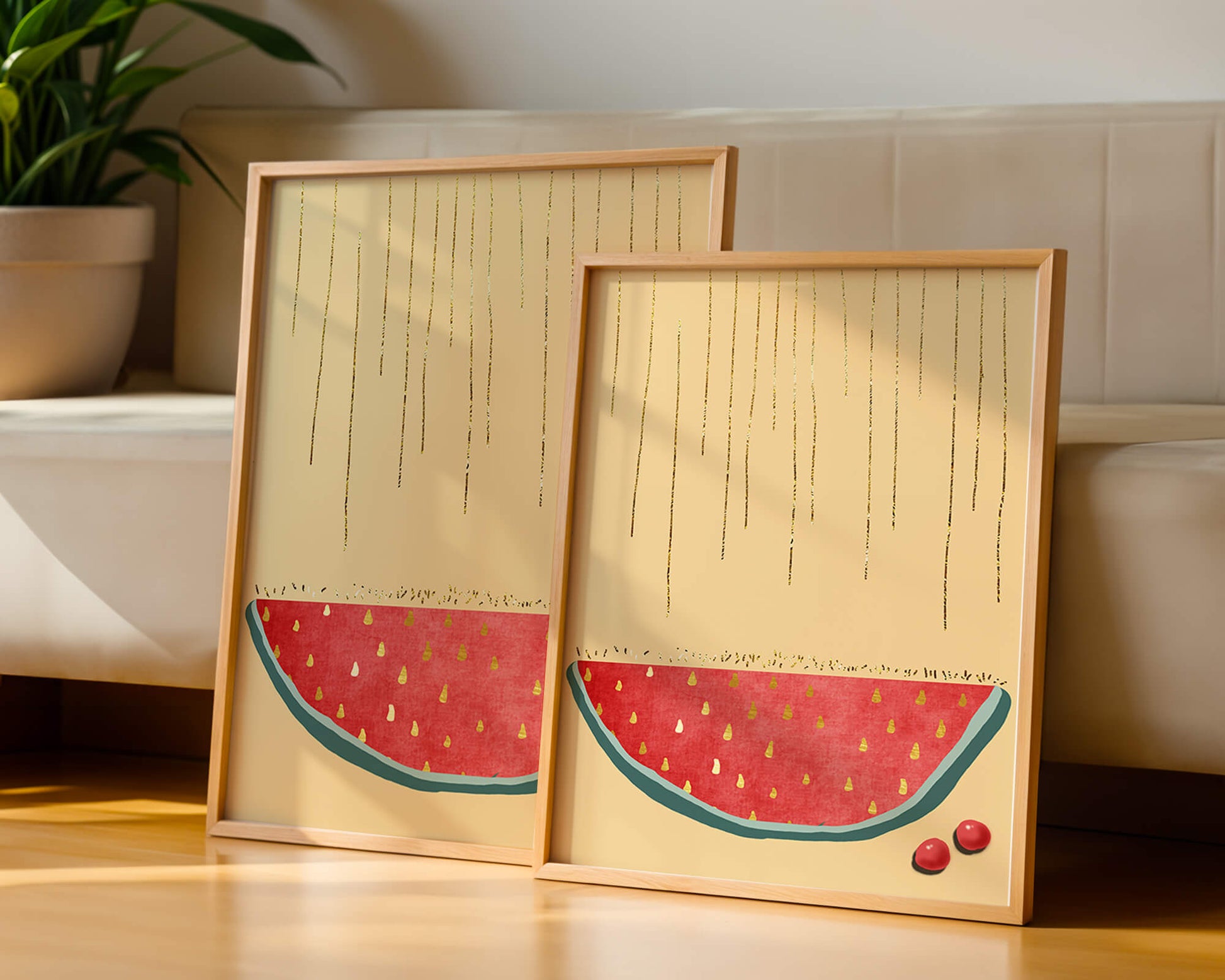 Abstract Watermelon Slice with Gold Accents on Minimalist Background